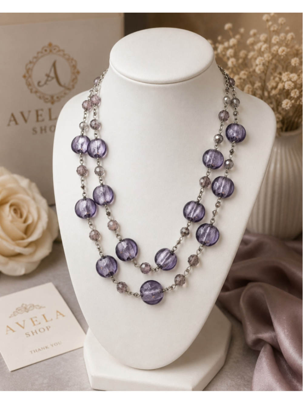 M&S Marks & Spencer Purple Glass Bead Double Strand Statement Necklace